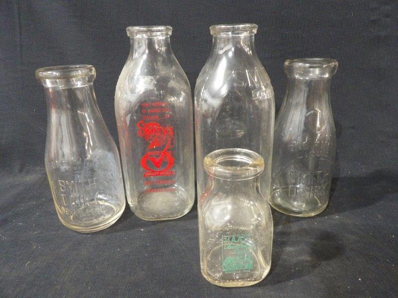 Lot of 5 Various Vintage Dairy/ Milk Bottles Inc. Smith Dairy & Haas