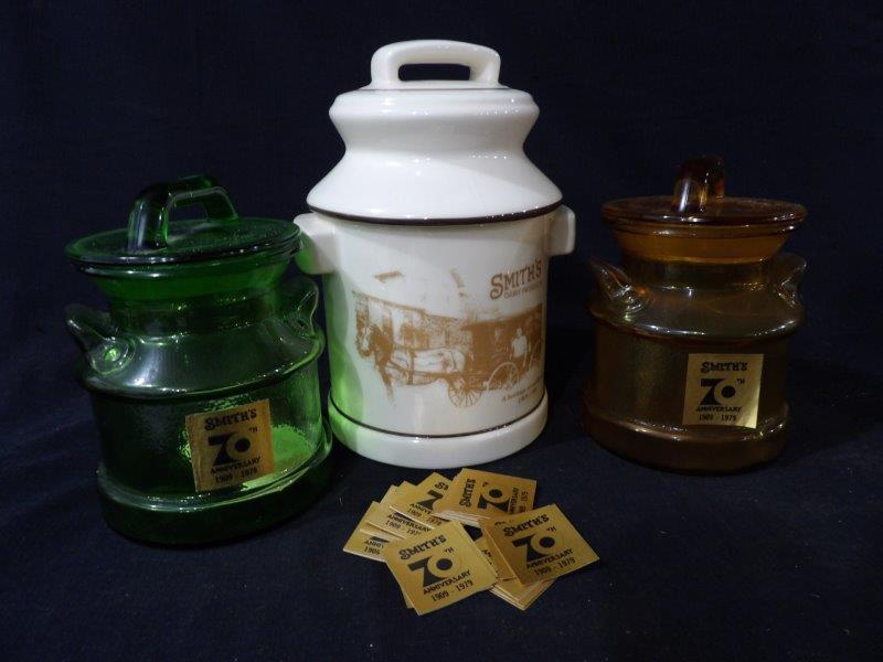 Lot of 3 Vintage Smith's Dairy Commemorative Anniversary Edition Jars w/ Lids 70th & 90th Year (1 of 5)