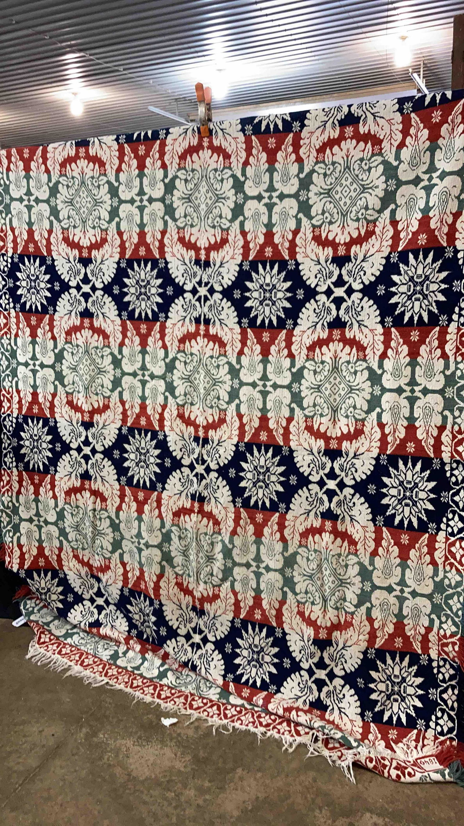 Antique 1840s Coverlet: Great color! Does have a few snags, center seam is slightly worn but no holes were found. All fringe along edges is intact. Has one small repair in center. 73 x 88