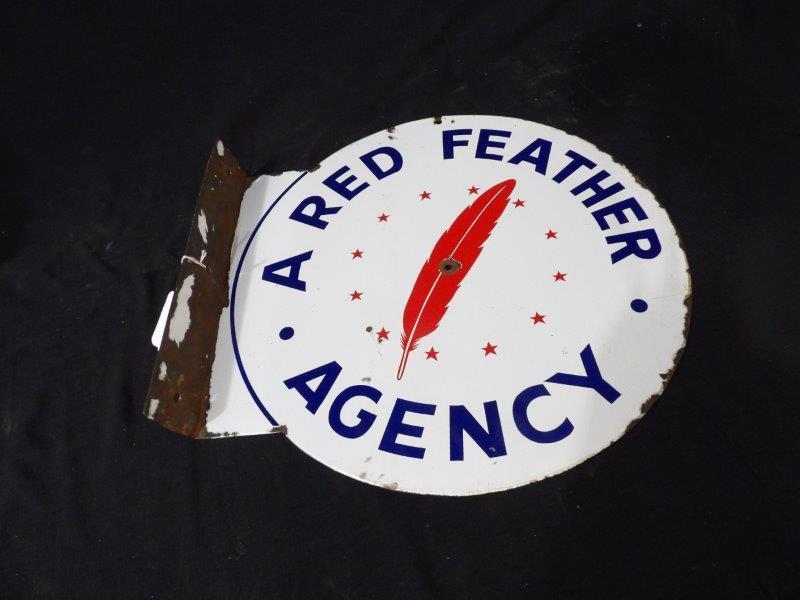 DSP Red Feather Agency flange sign: With a hole in Center of feather and wear on flange and edges but overall is a nice clean piece that displays very well! 18 in x 19 in.