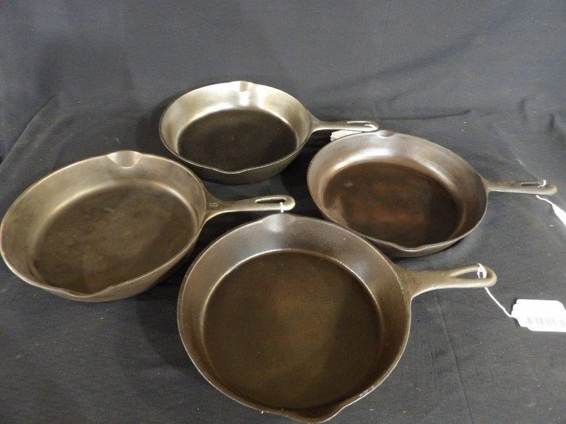 4 8 unmarked cast iron skillets Sep 13, 2022 Atlee Raber Auctions