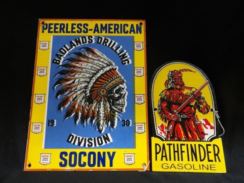 Reproduction Socony and Pathfinder gasoline porcelain signs (1 of 9)