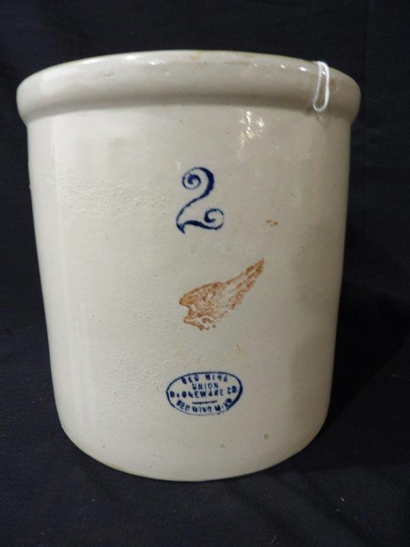 Early 2 Gallon Red Wing Stoneware Crock w/ Great Stenciling: Great graphics showing an 8 inch crack to right from top rim towards base as seen in photos.