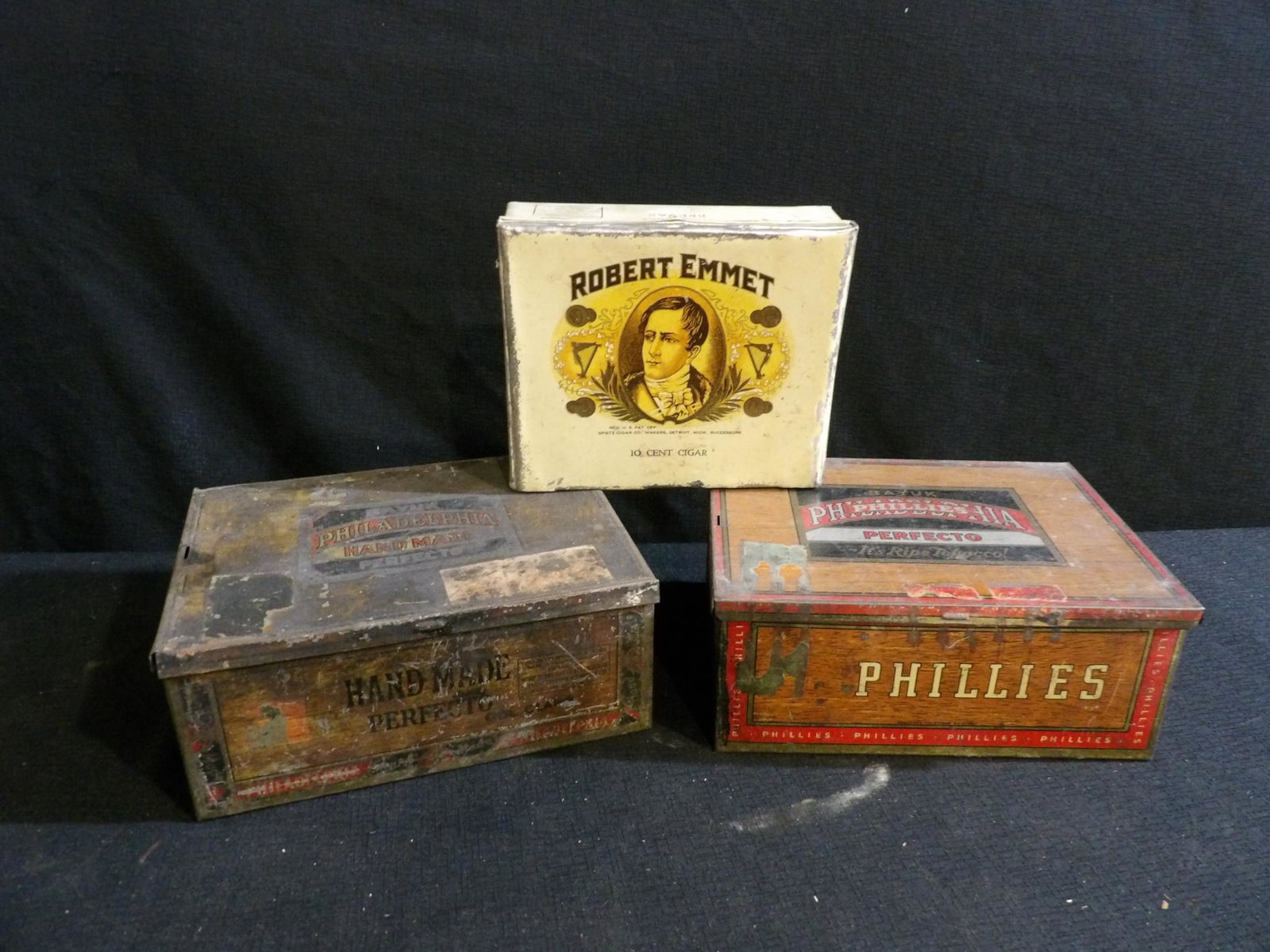 Lot of 3 Early Cigar Tin Boxes - Phillies Perfecto, Robert Emmert (1 of 4)