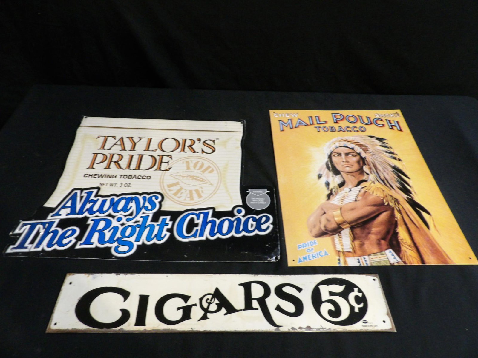 Lot of 3 Tin Tobacco and Cigar Signs - Mail Pouch, 5 Cent Cigars & Taylor's Pride (1 of 7)