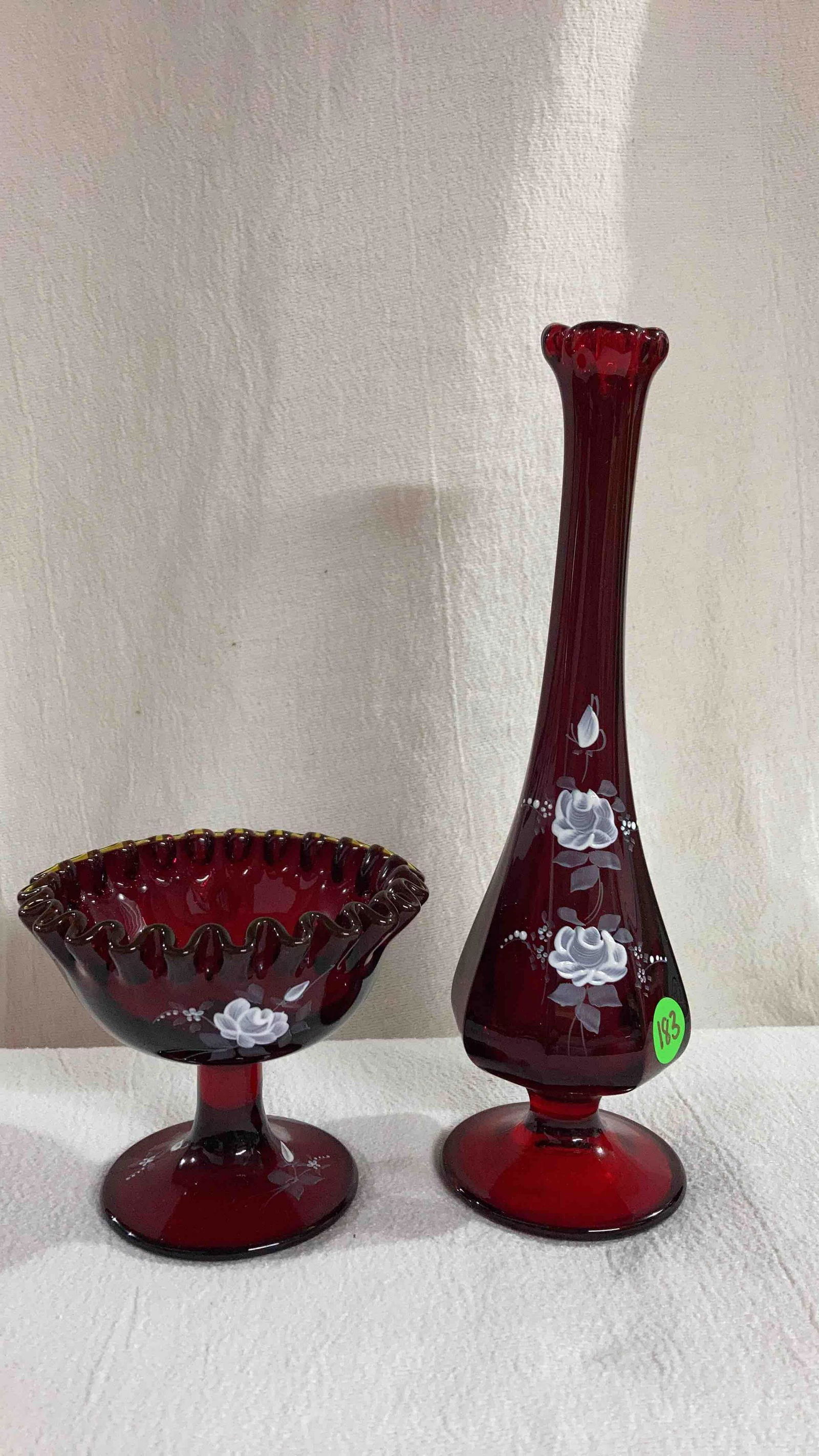 RED HAND PAINTED FENTON GLASS VASE & COMPOTE (1 of 7)