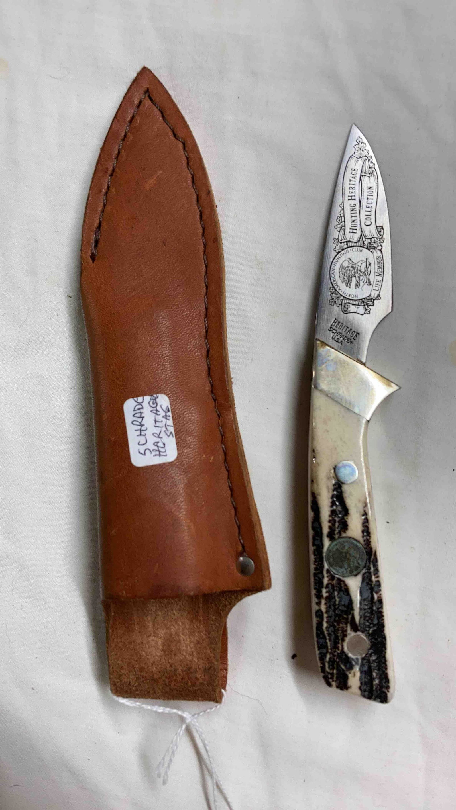 Schrade Hunting Heritage Stag FIxed Blade Knife: North American Hunting Club Life member Knife with leather sheath
