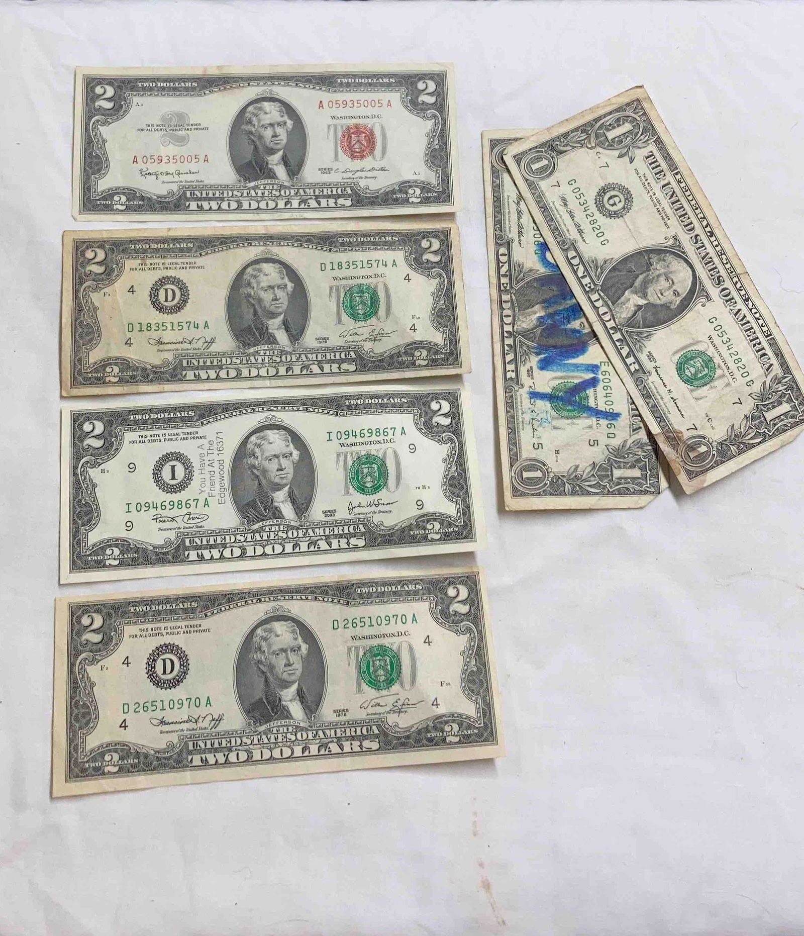 $2 Red seal & other paper currency: 4- $2 dollar bills, and 2-$1