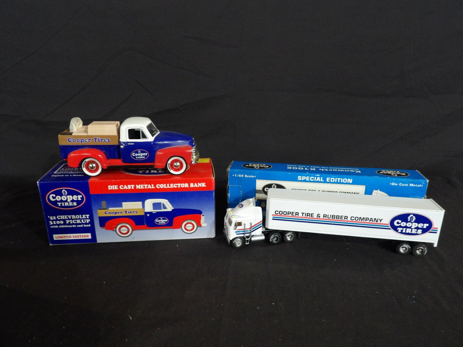 LOT OF 2 COOPER TIRES SPEC CAST ADVERTISING TRUCK REPLICAS: NIB 1-SPEC CAST 1/64 SCALE COOPER TIRE & RUBBER CO. LOCKING COIN BANK SPECIAL EDITION TRUCK AND TRAILER 2-SPEC CAST COOPER TIRES 1952 CHEVROLET3100 PICKUP W/ SIDEBOARDS AND LOAD LIMITED EDITION 8