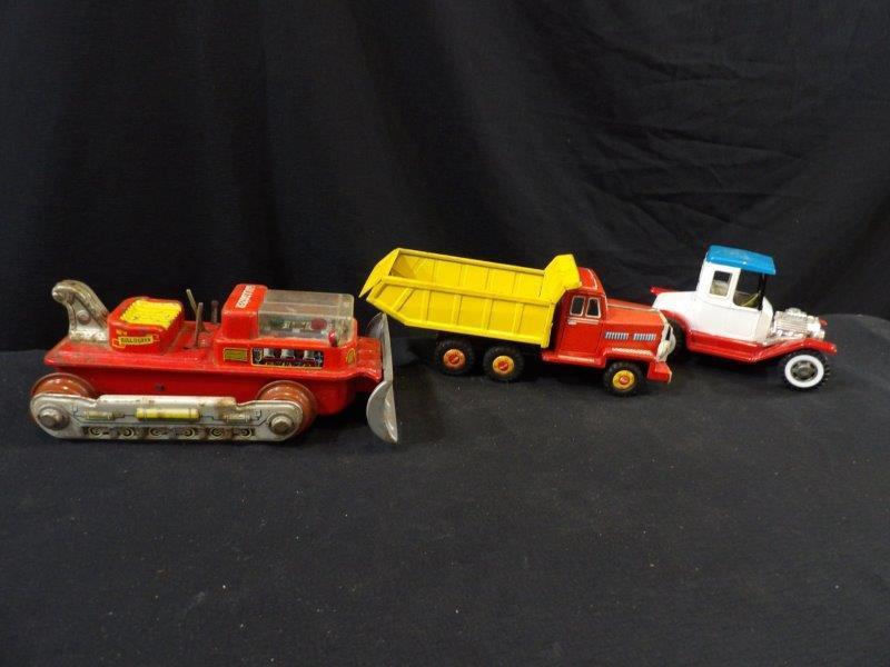 LOT OF 3 VARIOUS TIN TOY REPLICAS INC. NOMURA DOZER, MACK TIN FRICTION & TIN HOT ROD (1 of 9)
