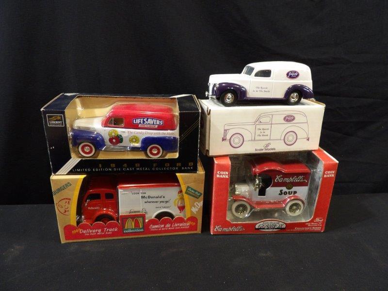 LOT OF 4 VARIOUS ADVERTISING COIN BANK REPLICAS INC. ERTL, SPEC CAST AND GEARBOX: NIB 1-ERTL GRAPETTE SODA 1940 FORD DELIVERY SEDAN 1/25 SCALE 2-GEARBOX CAMPBELLS SOUP 1912 MODEL T DELIVERY CAR 1/25 SCALE 3-ERTL MCDONALDS 1949 DELIVERY TRUCK BANK 1/34 SCALE 4- SPEC CAST LIFESAVE