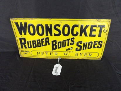 SST Woonsocket Rubber Boots and Shoes embossed sign: Early embossed tin Tacker sign with a few wrinkles and some corrosion spotting but overall is in decent condition and displays well! Is marked The Meek & Beach Co. Coshocton, O. 914 in x 19 1/2