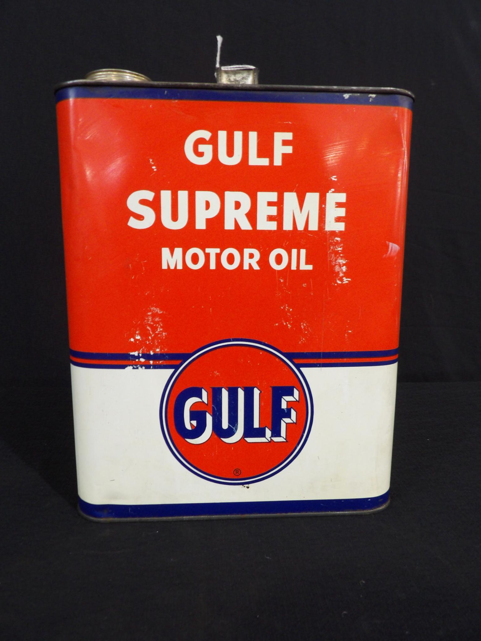 Gulf Supreme motor oil 2 gallon can: Is missing cap and has some scuffing but overall is in good clean condition.
