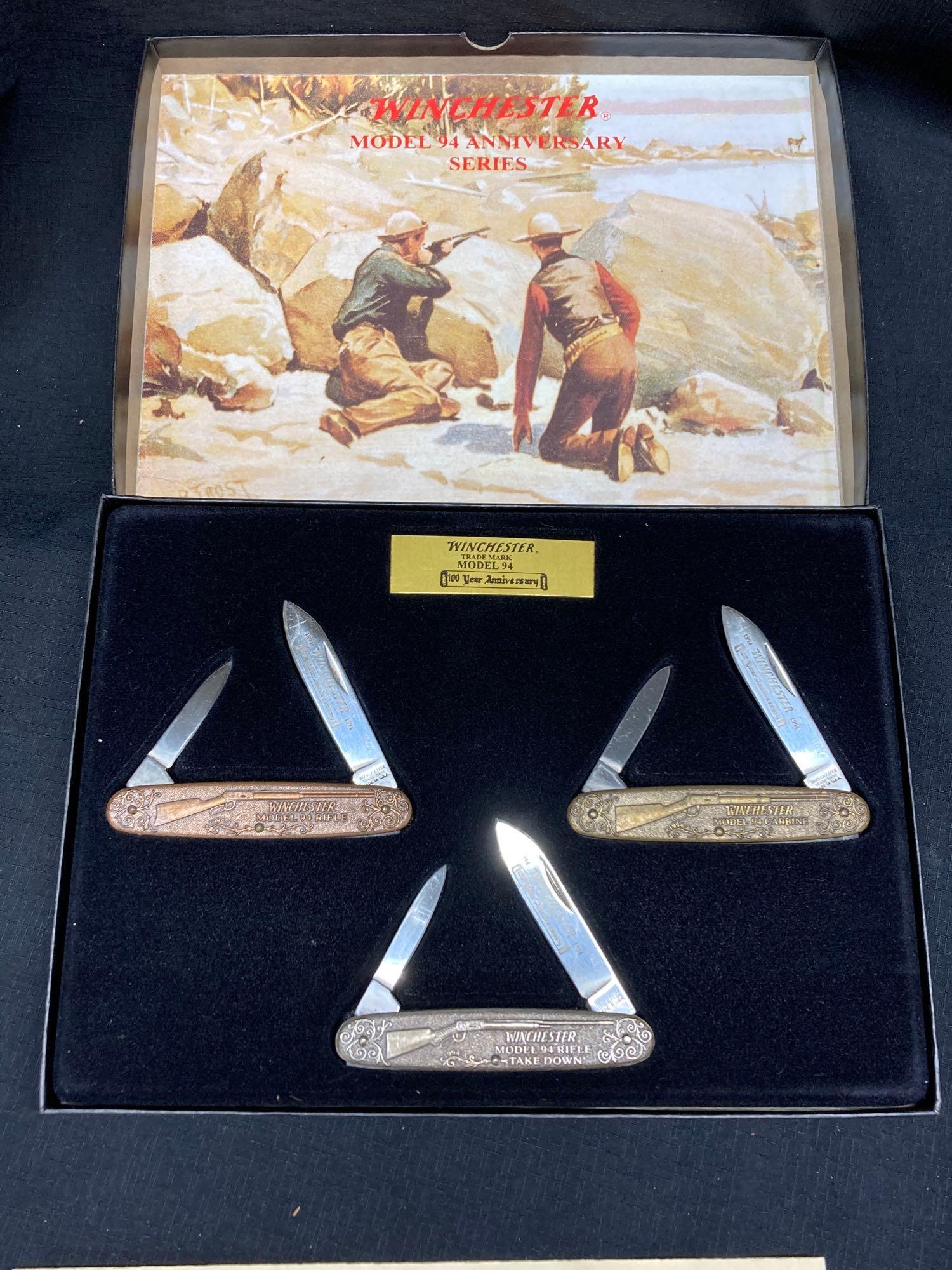 Winchester Model 94 100 Year Anniversary Series Knives: Limited edition 1147 of 2000. Each knife commemorating the most famous Winchester rifle. 1147, USA. In original Winchester box.