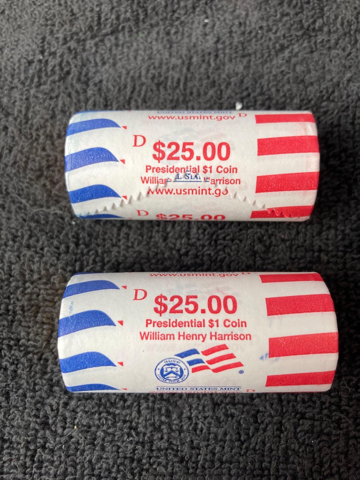 2 Rolls of Presidential $1 Coins- William Henry Harrison: Both rolls are Denver mint.
