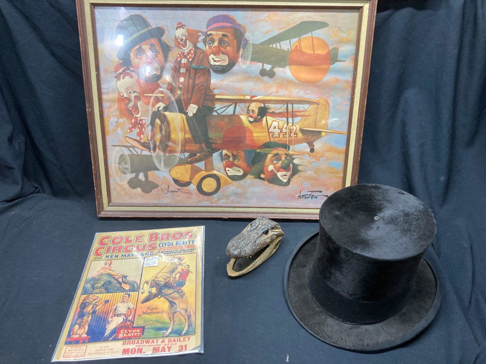 Lot of Various Items Inc. Top Hat, Circus Program, Alligator Head and Oberstein Signed Print (1 of 9)