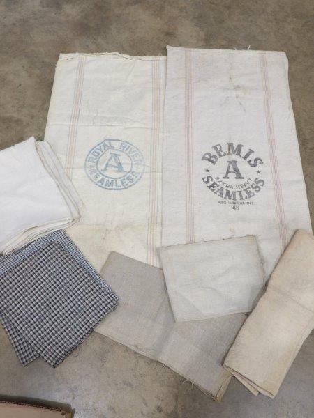 Home Spun Fabric, Flour Bags & Linen: Various linen and fabric items, including 2 flour bags.