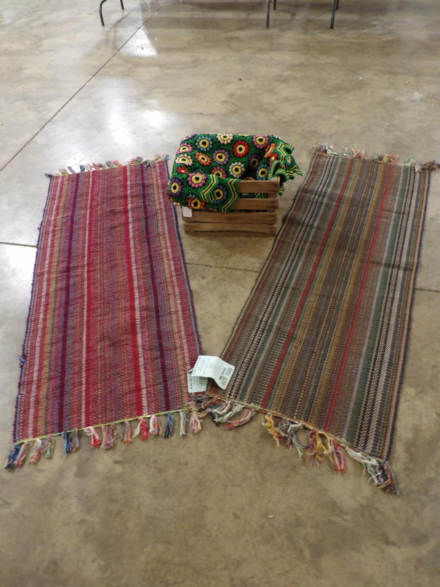 Maple Weave Rugs, Afghan, & Wood Crate: New rugs with tags, 27 x 72. Afghan is crocheted in a vintage daisy pattern 48'' x 76'', good condition.
