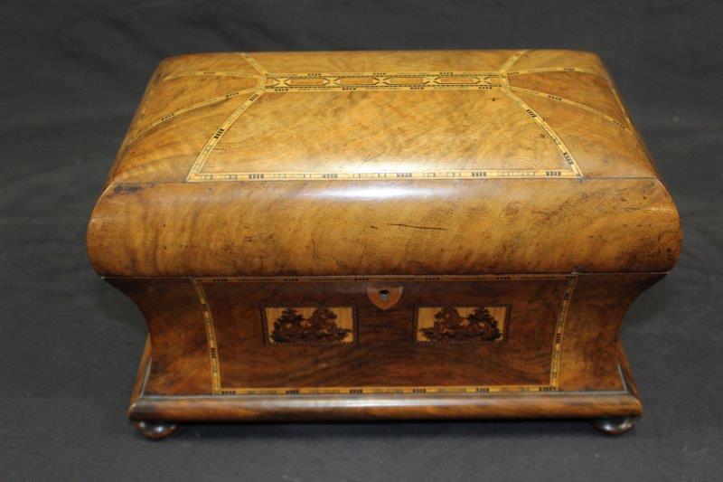 Bombidear Chest With Mother of Pear Inlay: Great small velvet lined chest. Rounded top and lift out tray. Very nice condition. 12 x 7 x 7.
