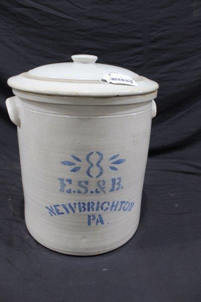 E.S.&B. New Brighton, PA 8-gal. jar w/ lid: Does have a few faintly visible hairlines and lid is cracked and has a few chips, but displays well.