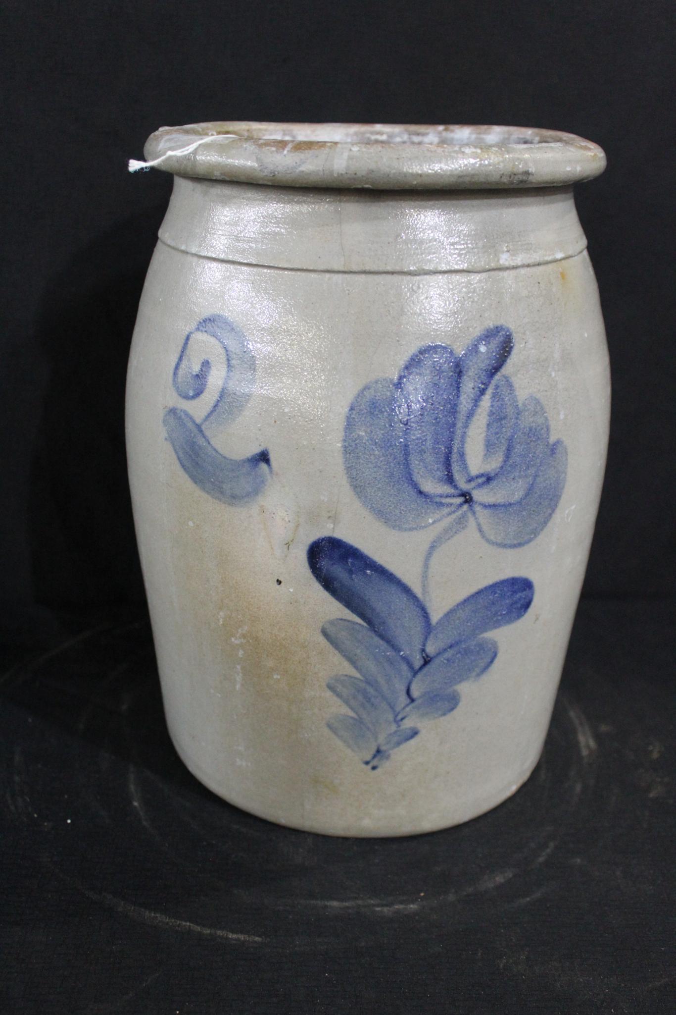 Decorated 2 gallon cream jar: Has several vertical tight hairlines But displays well. 12" tall.