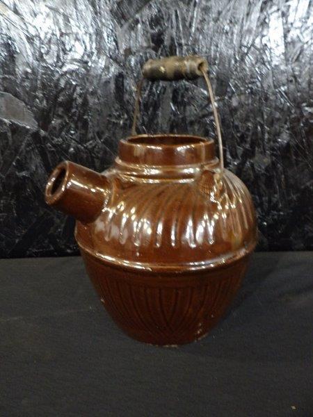 Crock Batter Jug: No cracks, but has a few small chips around handles and rim. 9" x 8" diameter.