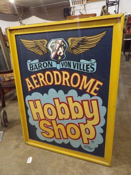 Self Framed Double Sided Wood Baron Von Villes Aerodrome Hobby Shop Hand Painted Sign 1977 (1 of 12)