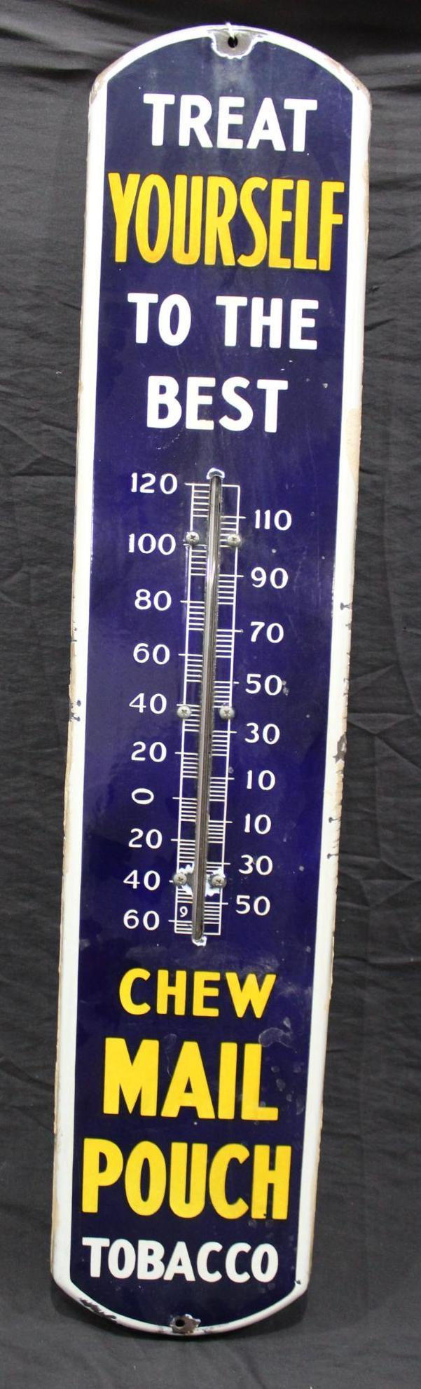 Mail Pouch Tobacco porcelain thermometer: With wear and heavy paint remnants along edges, field is pretty clean and seems to be accurate. 8" x 39".