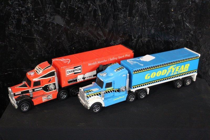 2-Buddy-L Goodyear & Champion semis: 20 1/2" long.