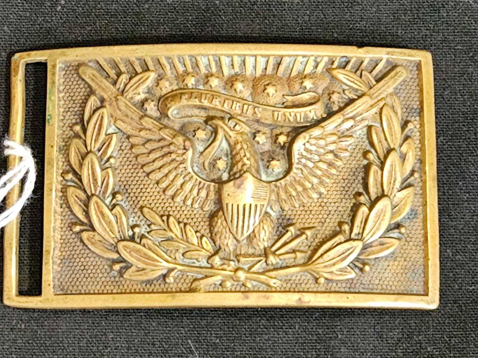 Civil War Union Officers Belt Buckle: Brass buckle. 3 1/4x34; x 2x34;. Only marking is a 36 on backside of buckle.