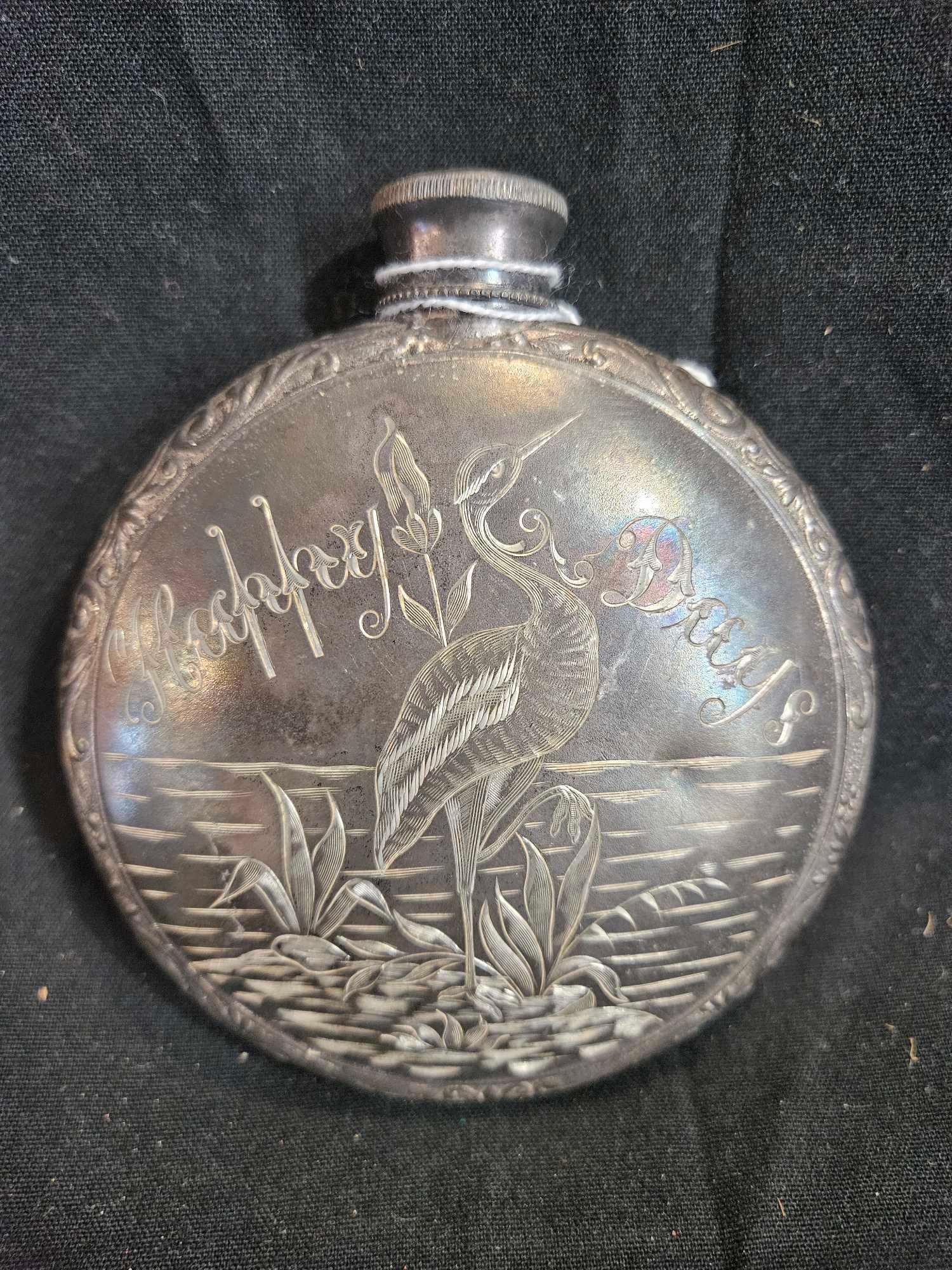 1903 Happy Days Pocket Flask: Small engraved flask, perfect pocket sized. Dated July 14th 1903. 4x34; x 4x34;. This item is from the Dan Hardesty Museum.