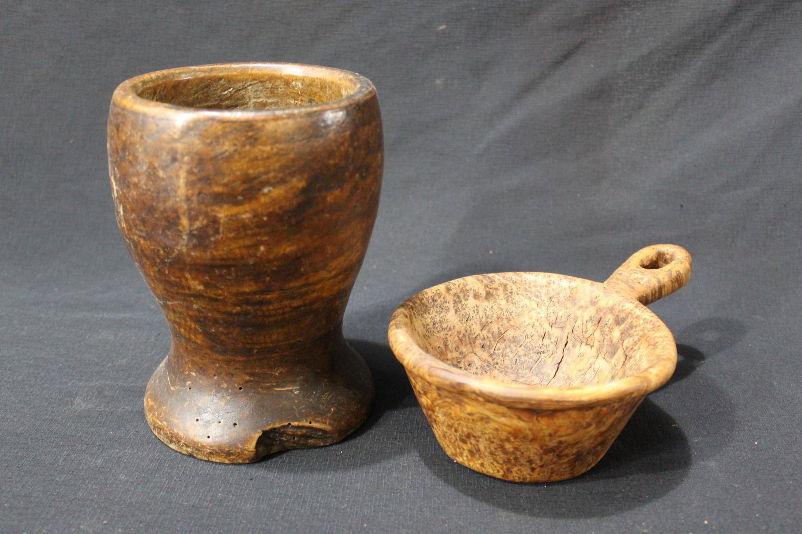 Primitive 19th Century Burl Wood Porringer Cup w/ Handle & Maple Wood Burl Mortar (1 of 9)