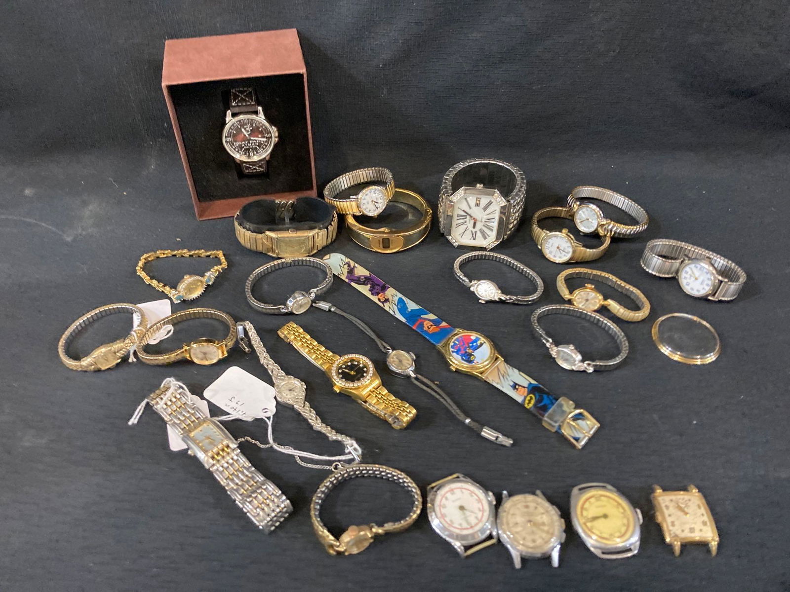 Watches: Various watches including Lever, Regent, Gruen, Timex, Bulova, Hilton and others. Some are older and some are newer. Some are non working.