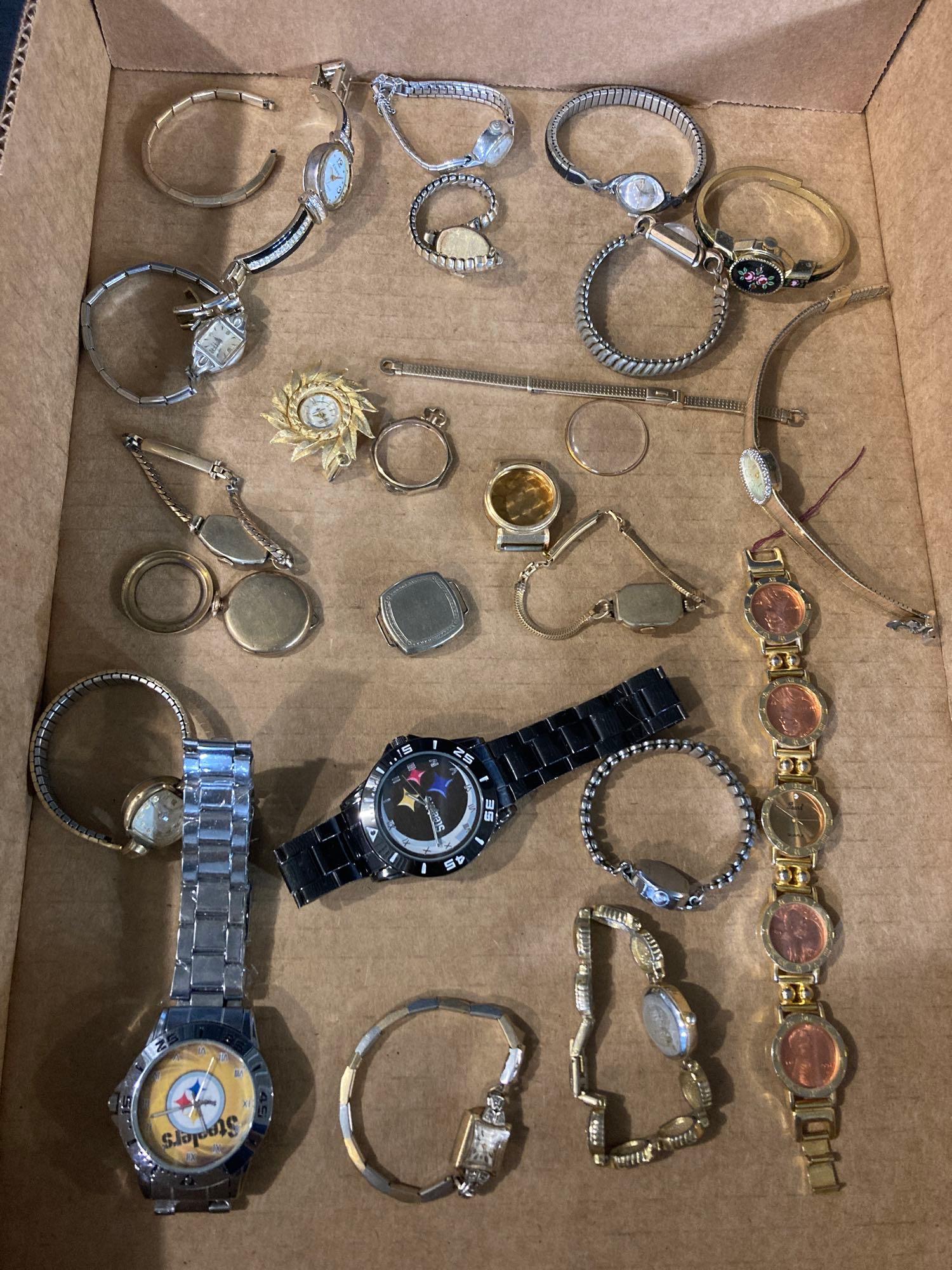 Wrist Watches & Parts: Many great watches, some are non working. Parts include faces, dials, lenses, and more. Brands include: Deauville, Eikon, Gruen, Elgin, and others. Some Newer and older watches are in this lot.