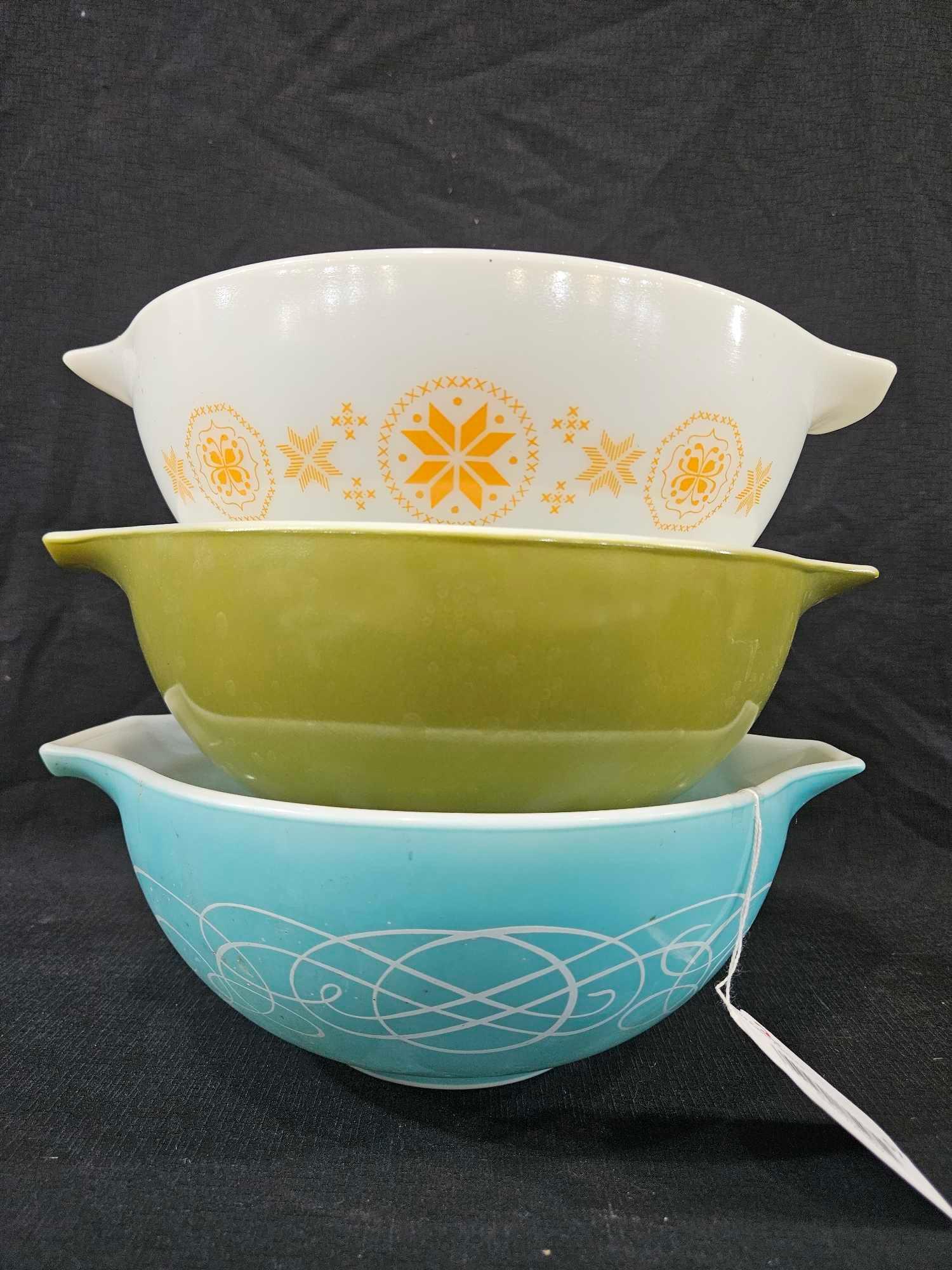 Lot of 3 Various Vintage Pyrex Mixing Bowls: Green 2 qt. Orange Town and Country 2 1/2 qt. Cinderella Turquoise Scroll 2 1/2 qt.