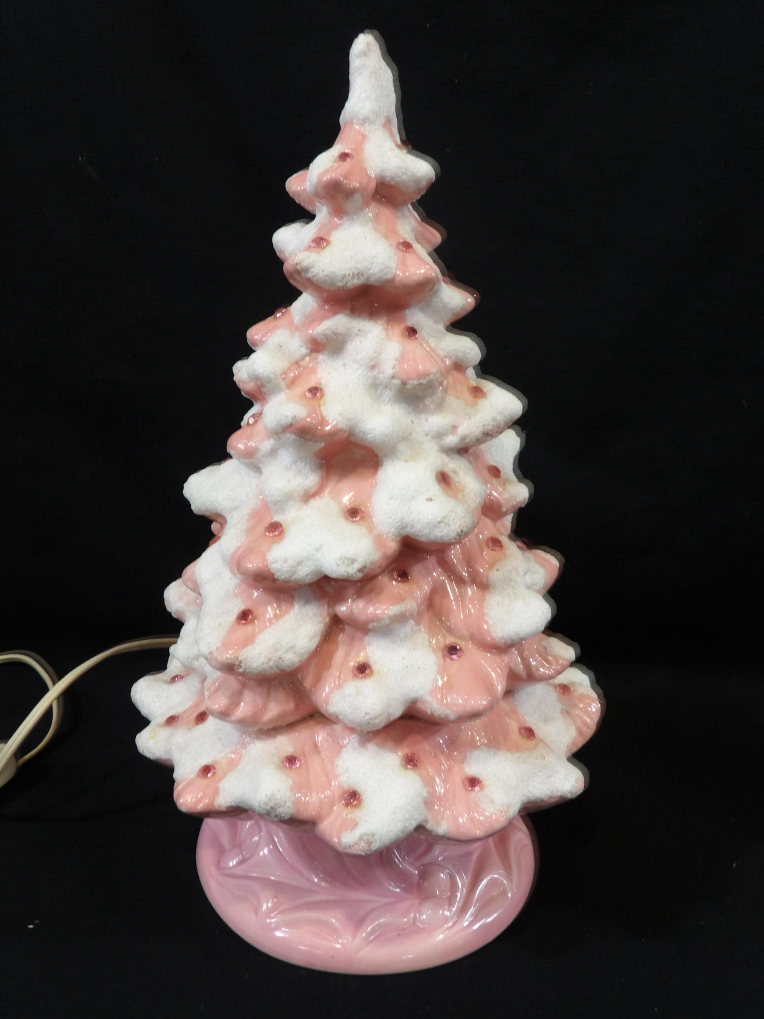 Vintage Pink Lighted and Flocked Ceramic Christmas Tree w/Holly Base (1 of 14)