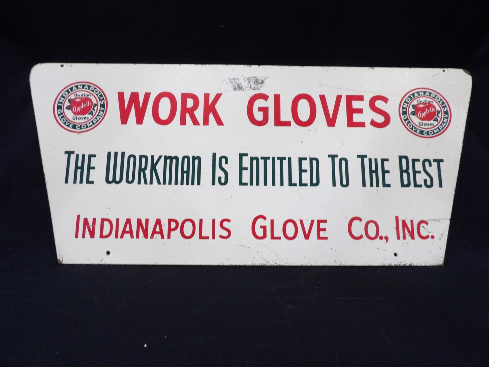 SS Masonite Indianapolis Glove Co., Inc. Display Sign: Showing condition issues due to age and display 10 1/2" x 23"