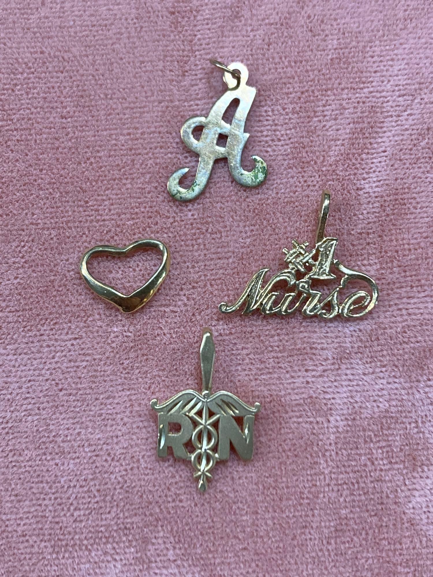 14K Gold Charms: 1.81g, RN symbol, #1 Nurse, heart, and A charms