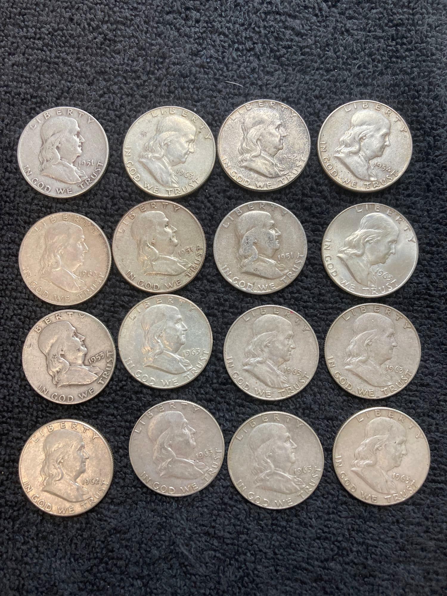 16-Silver Franklin Half Dollars: 8-1963D, 1954D, 1960, 1953D,1952, 2-1951, 1962, 1951D,