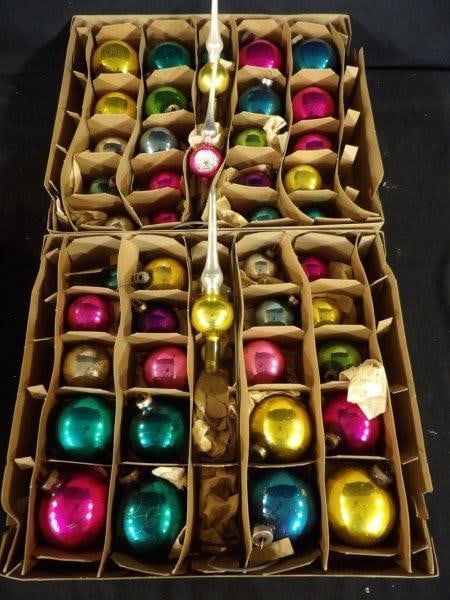 VINTAGE ORNAMENTS: 3 BOXES OF ASSORTED VINTAGE ORNAMENTS, SOME ARE MISSING CAPS/HOOKS, 50 TOTAL