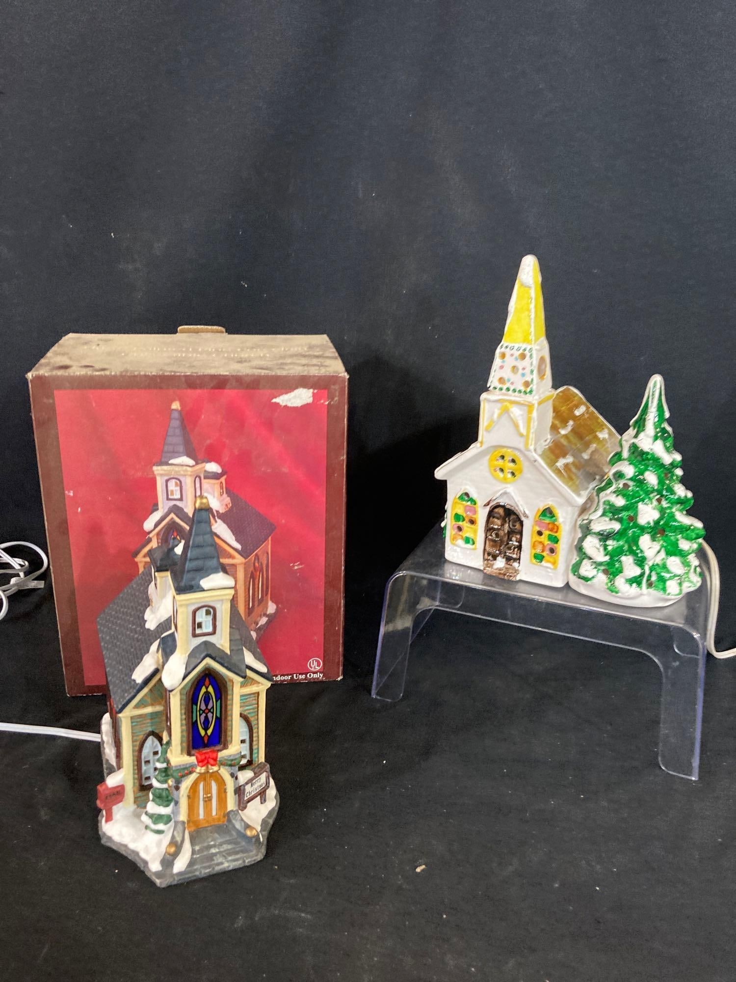 CHRISTMAS CERAMIC CHURCH BUILDINGS: CERAMIC CHURCH BUILDINGS WITH LIGHTS AND CORDS, BOTH 10 IN TALL