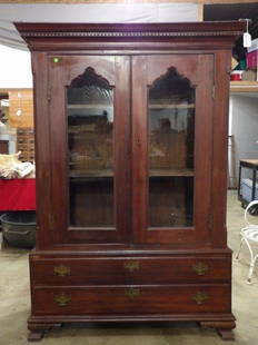 Early American 2 Glass Pane Door, 2 Drawer Shelved Armoire: 70 IN34; x 49 IN34;