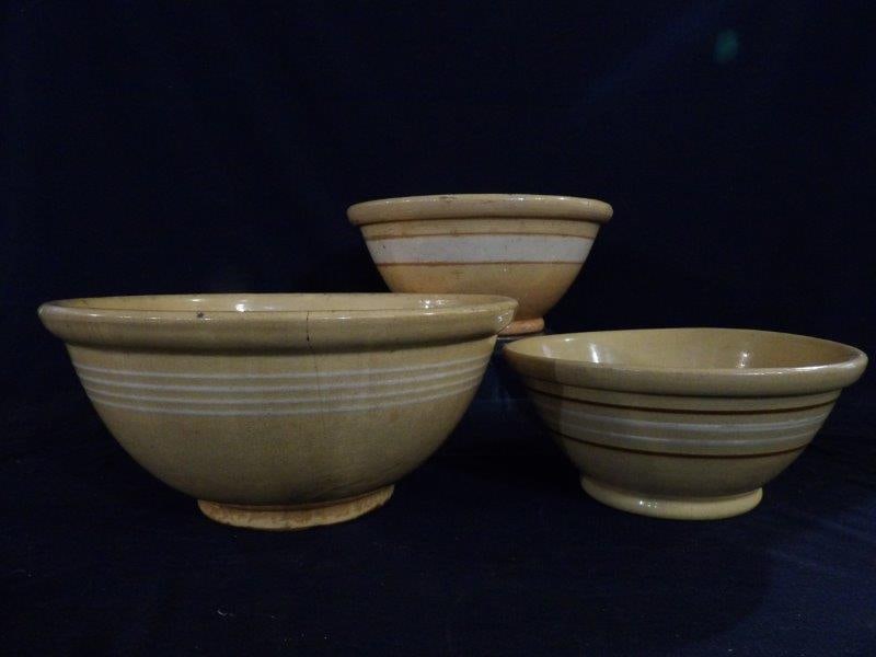 Lot of 3 Banded Yellow Ware Bowls: 10 1/2 IN, 11 1/2 IN. 14 IN