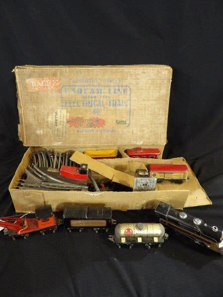 Early Marx R/C Automatic Coupler Stream Line Steam Type Electrical Train w/ Original Packaging: Showing condition issues to packaging due to age.