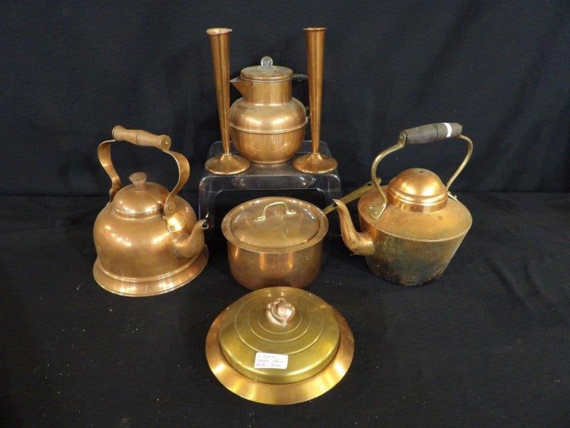 Copper Ware Lot of Various Tea Pots, Covered Butter Dish, Bud Vases and More (1 of 8)