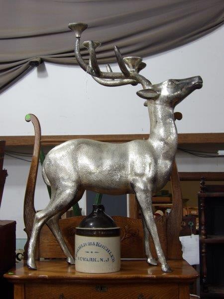 Large Vintage Free Standing 8 Point Candelabra Silver Stag Buck: Heavy metal deer candle holder. 40 inch tall x 29. Some patina throughout.
