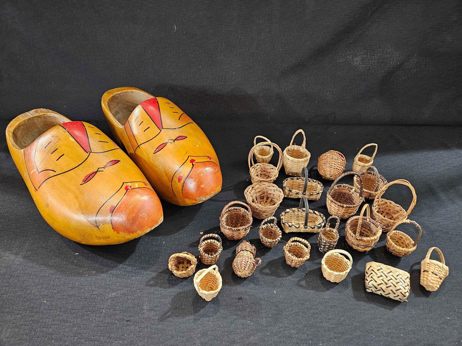 Pair of Large Vintage Hand Crafted Holland Wooden Clogs and Mini Baskets (1 of 5)