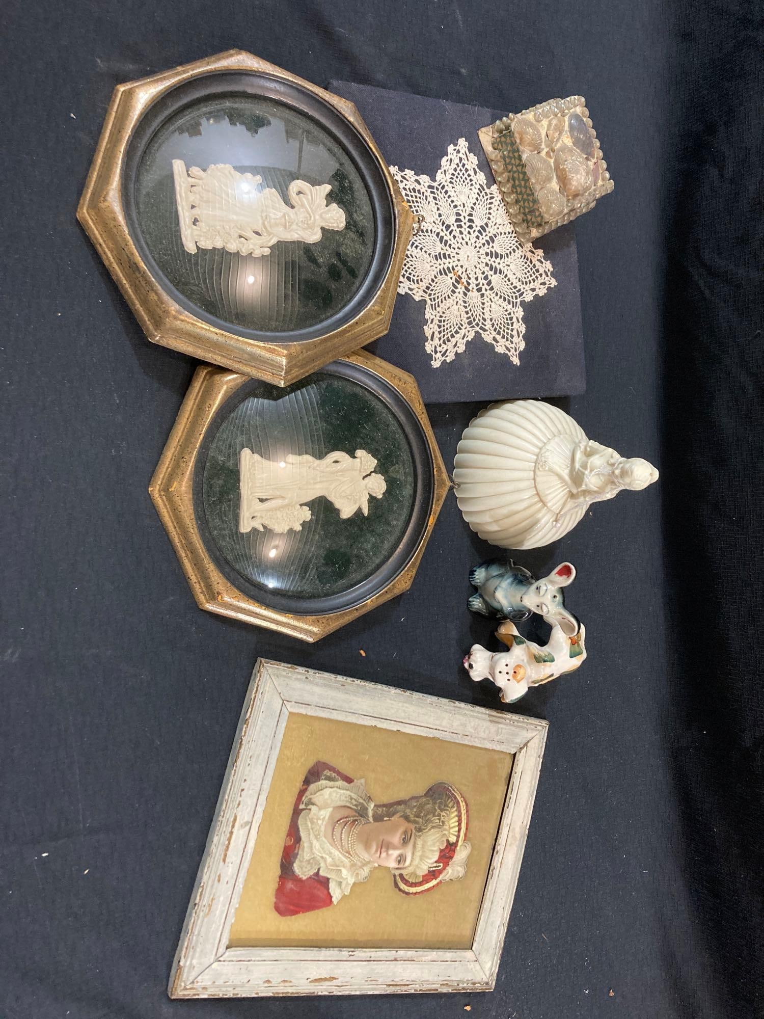 VICTORIAN FRAMED CUTOUT, SILLOETTES AND MORE: DOG SHAKERS, POWDER BOX, FRAMED ART