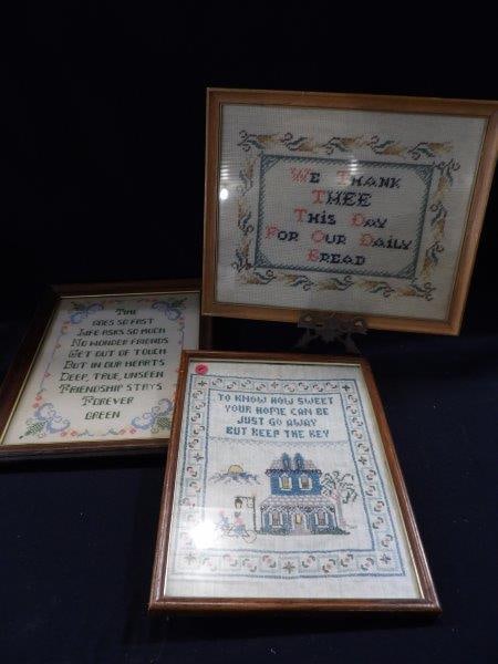 FRAMED EMBROIDERY SAMPLERS: 3 VARIOUS PATTERNS, EACH IS APPROX 15 X 14