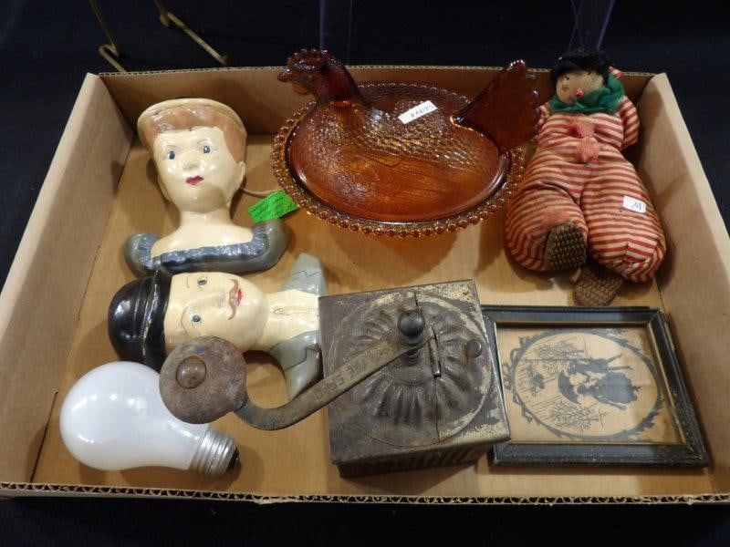 TIN COFFEE GRINDER, CHALKWARE HEADS, & HEN ON NEST (1 of 6)